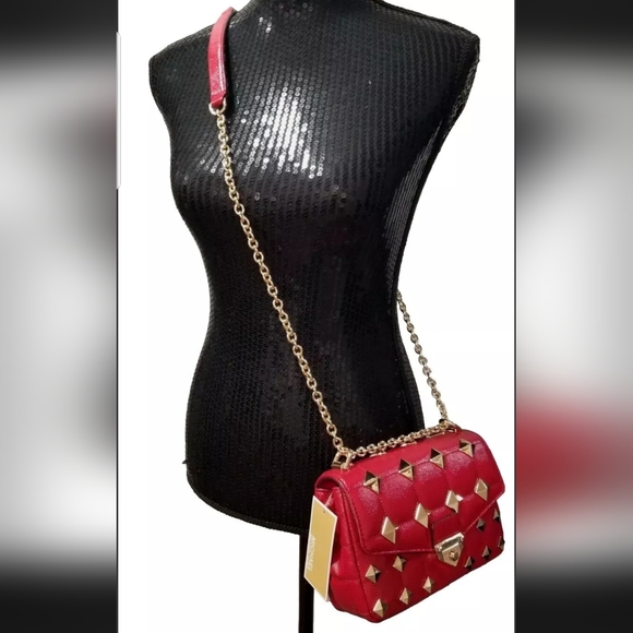NWT!  MICHAEL KORS SOHO SMALL CRIMSON 🔥🔥 STUDDED CHAIN LEATHER SHOULDER BAG - Picture 9 of 14
